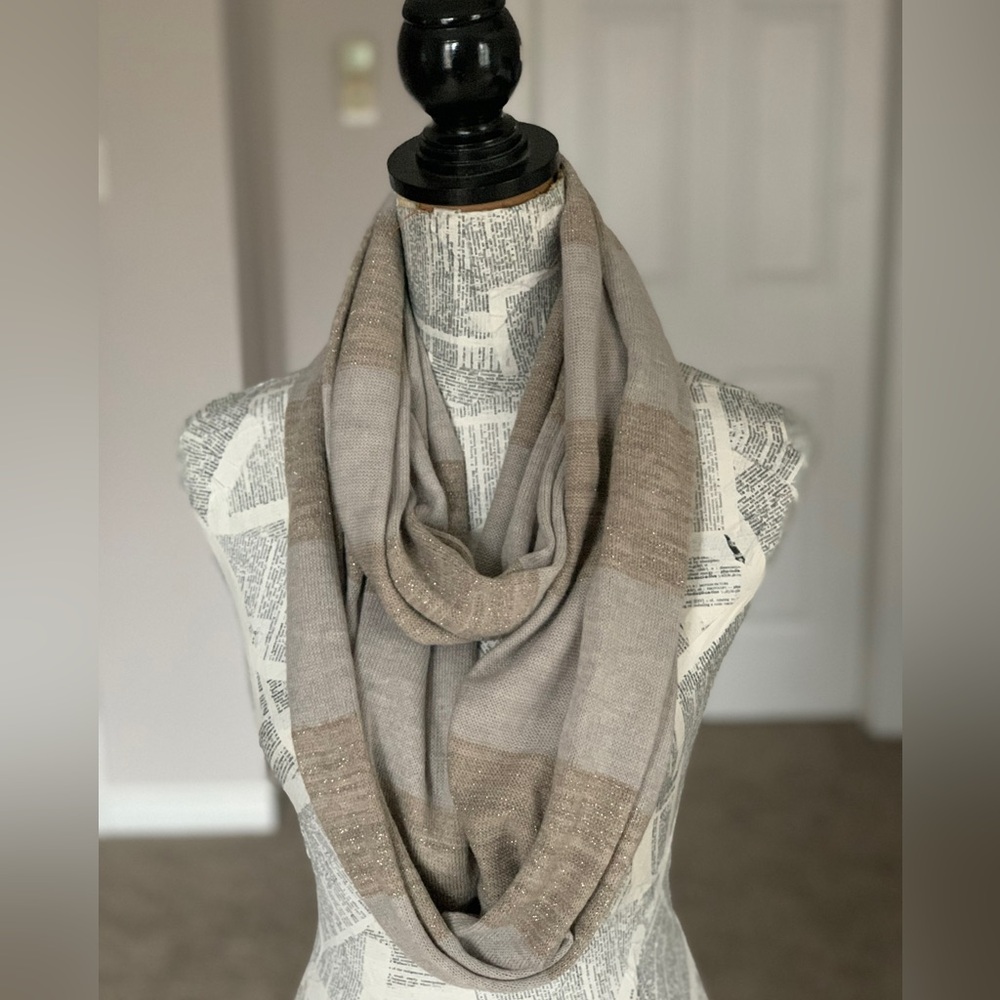 LORD & TAYLOR | Taupe and Gold Metallic Infinity Scarf